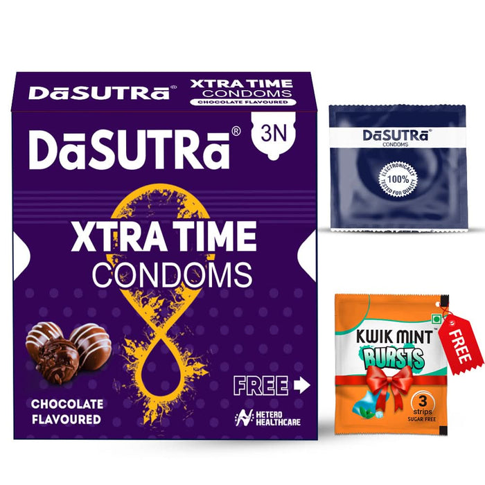 DaSutra Xtra Time Long Lasting Pleasure Condoms - 3's Pack Ribbed - Dotted - Contour - Chocolate Flavour - Azistastore