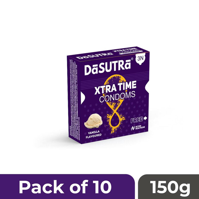 DaSutra Xtra Time Long Lasting Pleasure Condoms - 3's Pack Ribbed - Dotted - Contour - Vanilla Flavour - Azistastore