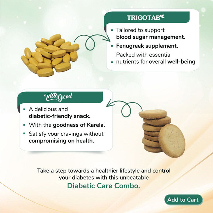 Diabetic Care Combo - Trigotab Fenugreek Tablets Pack of 1 & TasteGood Karela Biscuits - Pack of 4 - Azistastore
