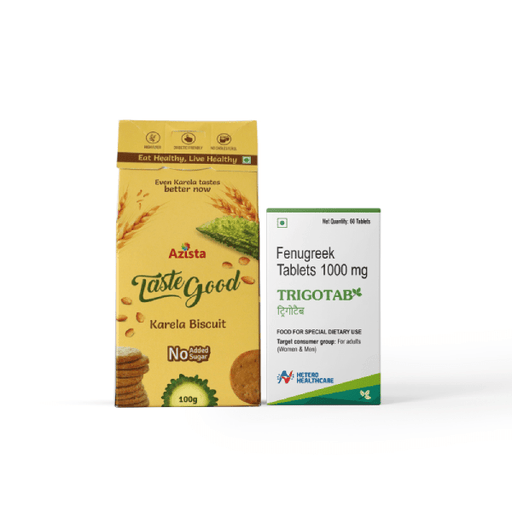 Diabetic Care Combo - Trigotab Fenugreek Tablets Pack of 1 & TasteGood Karela Biscuits - Pack of 4 - Azistastore