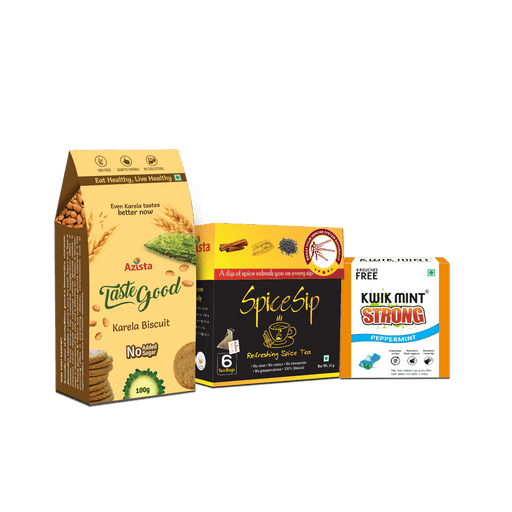 Eat Sip Refresh Combo – TasteGood Karela Biscuits, Spice Sip Immunity Tea and Kwikmint Strong Mouth Freshener. - Azistastore
