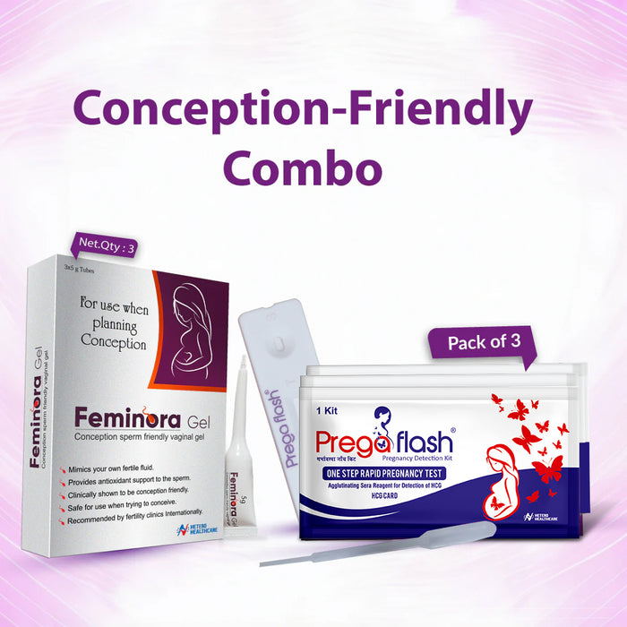 Conception Friendly Combo - Feminora Gel (3x5g Tubes) & Pregaflash Pack of 3 for Optimal Fertility Support