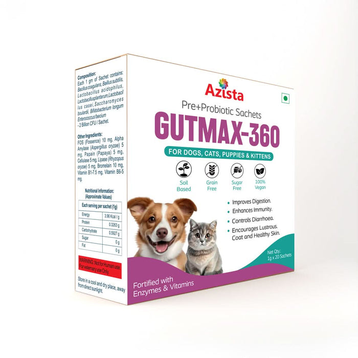 GUTMAX 360 Natural Digestive Medicine for Dogs & Cats – 20 Pre+Probiotic (1gm) Sachets - Azistastore