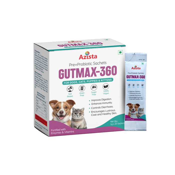 GUTMAX 360 Natural Digestive Medicine for Dogs & Cats – 20 Pre+Probiotic (1gm) Sachets - Azistastore