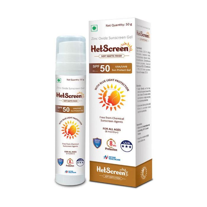 HetScreen Gel - Based Sunscreen SPF 50 PA+++ with Zinc Oxide & Vitamin E | Broad Spectrum UVA/UVB Protection | Water - Resistant & Anti - Aging (50g) - Azistastore