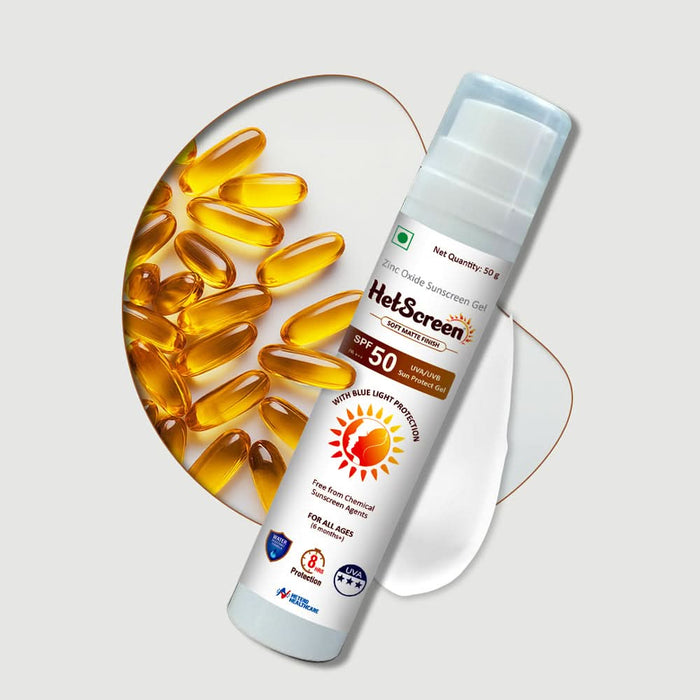 HetScreen Gel - Based Sunscreen SPF 50 PA+++ with Zinc Oxide & Vitamin E | Broad Spectrum UVA/UVB Protection | Water - Resistant & Anti - Aging (50g) - Azistastore