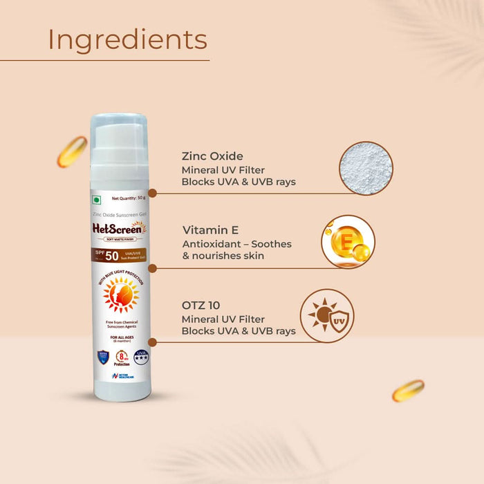 HetScreen Gel - Based Sunscreen SPF 50 PA+++ with Zinc Oxide & Vitamin E | Broad Spectrum UVA/UVB Protection | Water - Resistant & Anti - Aging (50g) - Azistastore