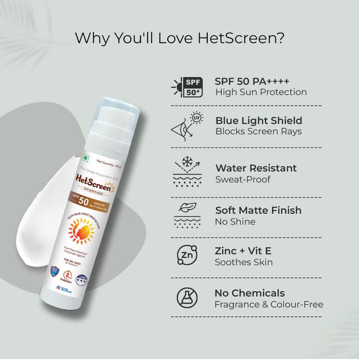 HetScreen Gel - Based Sunscreen SPF 50 PA+++ with Zinc Oxide & Vitamin E | Broad Spectrum UVA/UVB Protection | Water - Resistant & Anti - Aging (50g) - Azistastore
