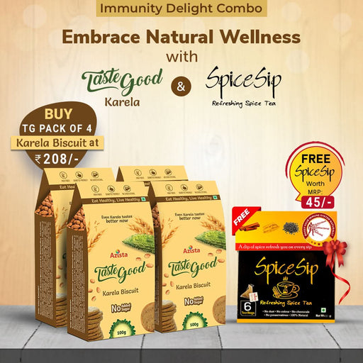Immunity Delight Combo | Buy TasteGood Karela Biscuits 100gx4 | Spice Sip Tea Pack of 1 Free - Azistastore
