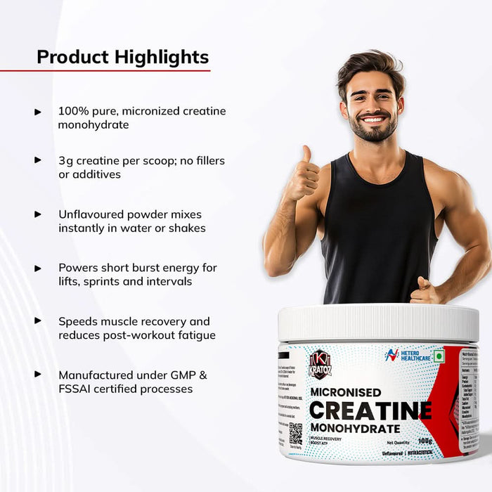 Kratoz Creatine Monohydrate Powder 100g | Micronized | Unflavoured | Muscle Gain, Strength & Recovery Support - Azistastore