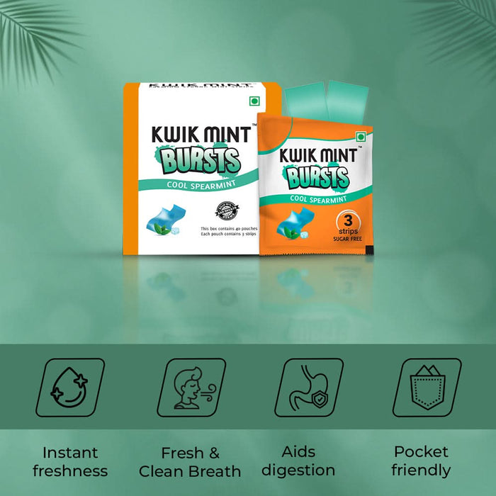 Kwik Mint Bursts Cool Spearmint Mouth Freshener Strips – Sugar Free, Instant Freshness - Azistastore