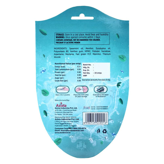 Kwik Mint Bursts Spearmint Mouth Freshener Strips Cassette – Sugar Free, Fast - Dissolving – Pack of 1 (10 Cassettes, 200 Strips) - Azistastore