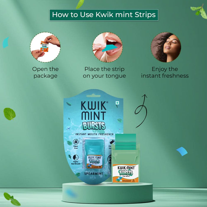 Kwik Mint Bursts Spearmint Mouth Freshener Strips Cassette – Sugar Free, Fast - Dissolving – Pack of 1 (10 Cassettes, 200 Strips) - Azistastore