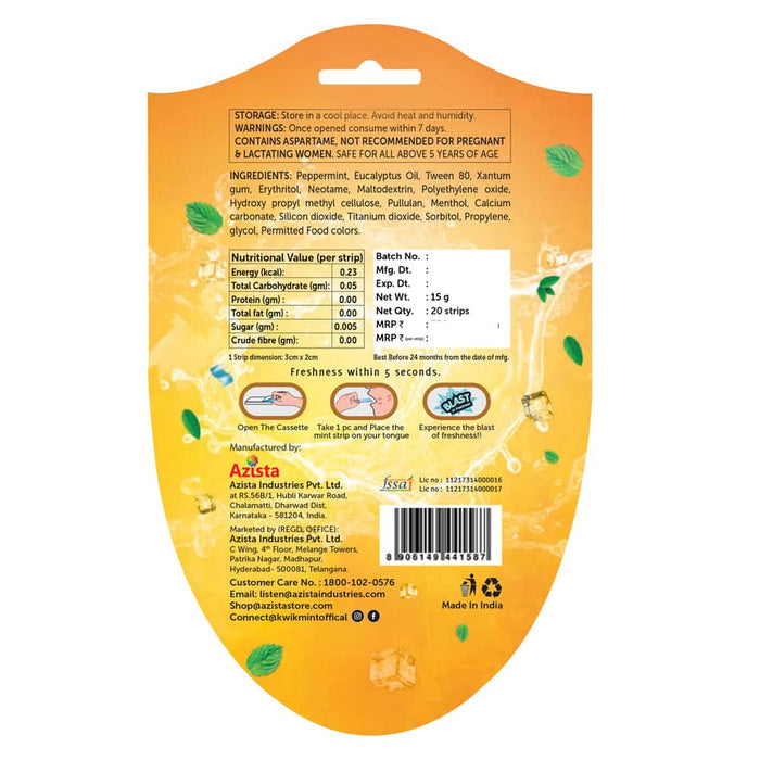 Kwik Mint Premium Strong Peppermint Mouth Freshener Strips Cassette – Sugar Free, Extra Strong Freshness – Pack of 1 (10 Cassettes, 200 Strips) - Azistastore