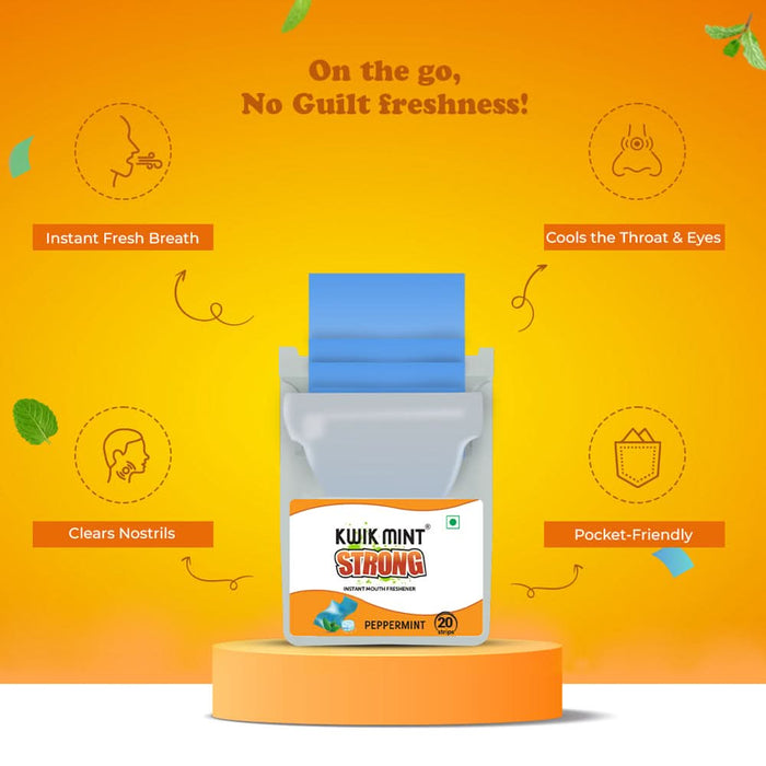 Kwik Mint Premium Strong Peppermint Mouth Freshener Strips Cassette – Sugar Free, Extra Strong Freshness – Pack of 1 (10 Cassettes, 200 Strips) - Azistastore
