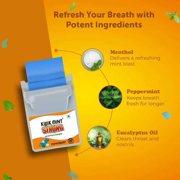 Kwik Mint Premium Strong Peppermint Mouth Freshener Strips Cassette – Sugar Free, Extra Strong Freshness – Pack of 1 (10 Cassettes, 200 Strips) - Azistastore