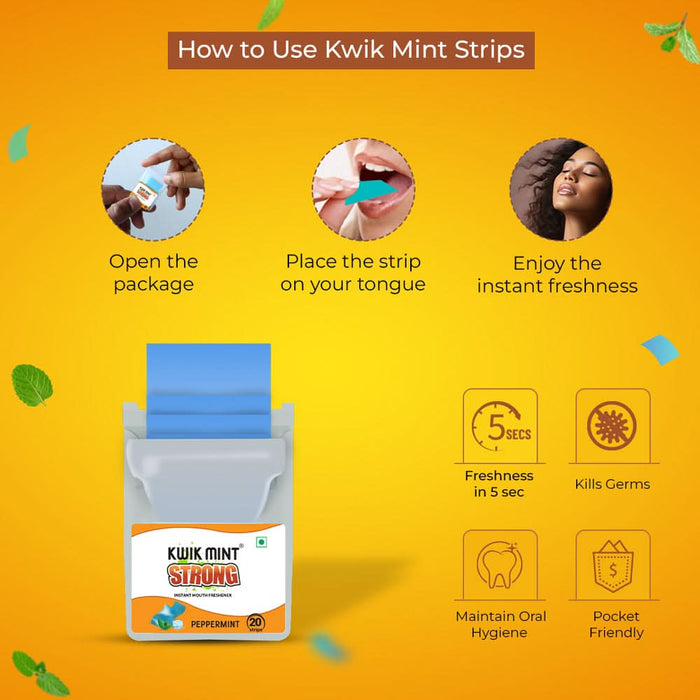 Kwik Mint Premium Strong Peppermint Mouth Freshener Strips Cassette – Sugar Free, Extra Strong Freshness – Pack of 1 (10 Cassettes, 200 Strips) - Azistastore