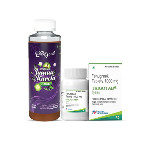 Natural diabetic care combo the powerful combination of Diabetic Care Karela Jamun Juice (500ML) and Trigotab Fenugreek Extract Seed Powder Tablets (60 Tabs). - Azistastore