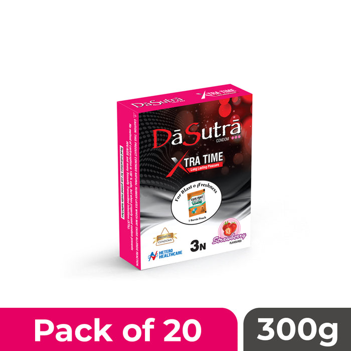 DaSutra Xtra Time Long Lasting Pleasure Condoms - 3's Pack Ribbed-Dotted-Contour - Strawberry Flavour