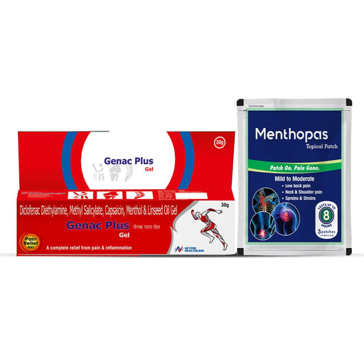 Pain Mangement Combo - Genac Plus Fast Pain Relief Gel - Pack of 3 & Menthopas Topical Pain Relief Patches - Pack of 2 (6 pouches) - Azistastore