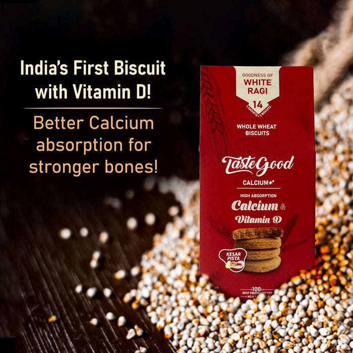 TasteGood Calcium ++ and Vitamin D Biscuits | High - Absorption Calcium & Bone Health Support | Made with White Ragi & Whole Wheat | Kesar Pista Flavored | Zero Cholesterol & Trans Fat | 100g - Azistastore