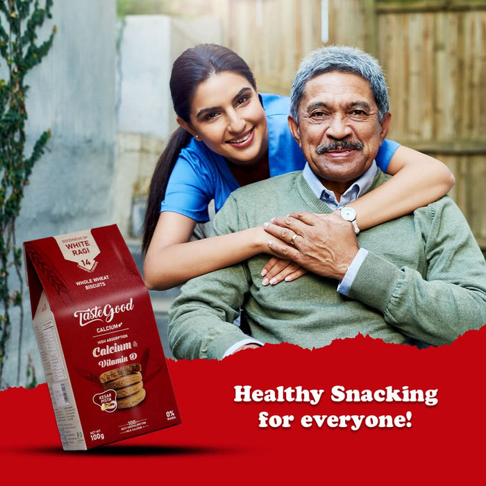 TasteGood Calcium ++ and Vitamin D Biscuits | High - Absorption Calcium & Bone Health Support | Made with White Ragi & Whole Wheat | Kesar Pista Flavored | Zero Cholesterol & Trans Fat | 100g - Azistastore
