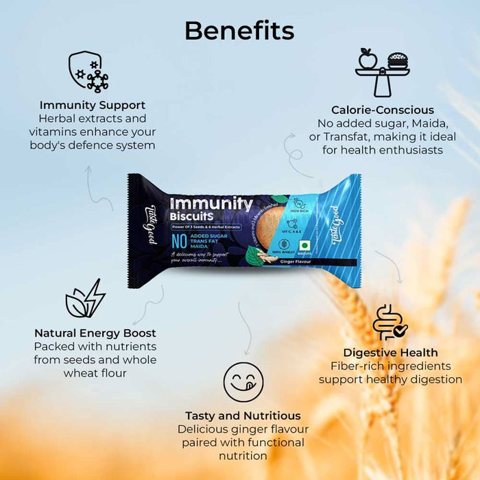 TasteGood Immunity Biscuits | Ginger Flavour | 6 Herbal Extracts & 3 Super Seeds | Whole Wheat, No Maida, Zero Trans Fat | 750g - Azistastore