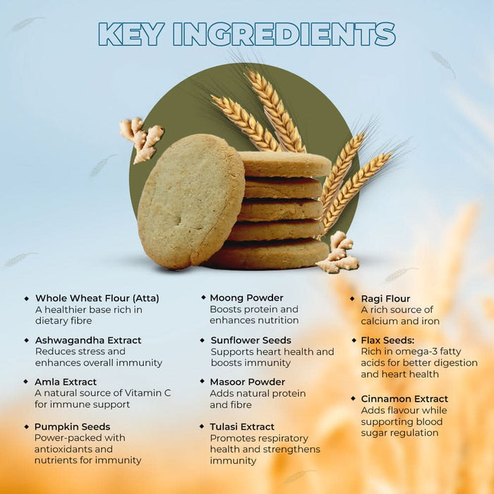 TasteGood Immunity Biscuits | Ginger Flavour | 6 Herbal Extracts & 3 Super Seeds | Whole Wheat, No Maida, Zero Trans Fat | 750g - Azistastore
