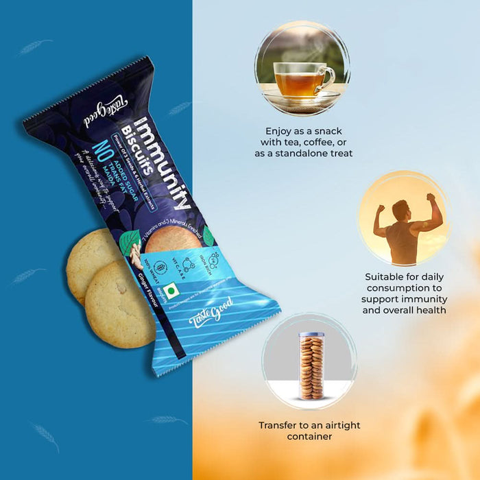 TasteGood Immunity Biscuits | Ginger Flavour | 6 Herbal Extracts & 3 Super Seeds | Whole Wheat, No Maida, Zero Trans Fat | 750g - Azistastore