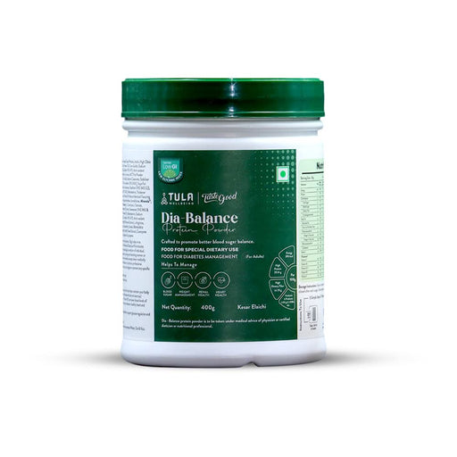 Tastegood | Tula Dia Balance Protein Powder for Diabetes | Low GI, Sugar - Free Diabetic Protein Powder | Whey & Soy with Fiber (Inulin, FOS) & Herbal Actives | Omega 3, MCT, CoQ10 | Kesar Elaichi 400g - Azistastore