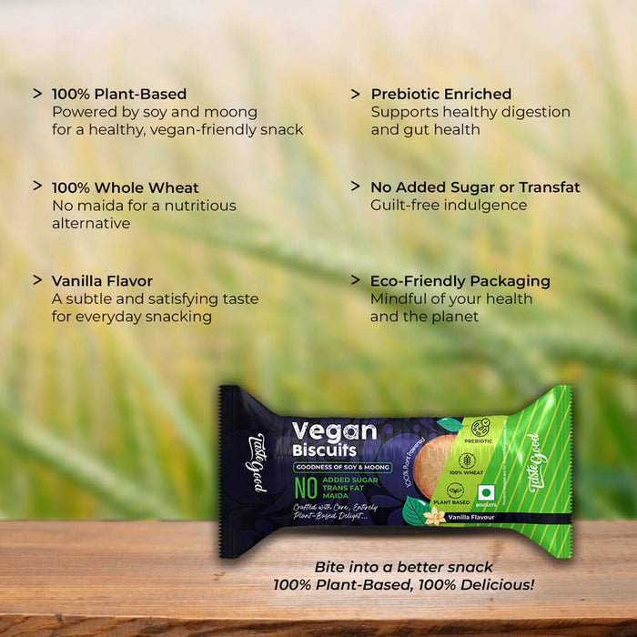 TasteGood Vegan Biscuits | Vanilla Flavour | Plant - Based Moong & Soy Protein | Whole Wheat, No Maida, Zero Trans Fat | 75g (10 Biscuits) - Pack of 10 - Azistastore
