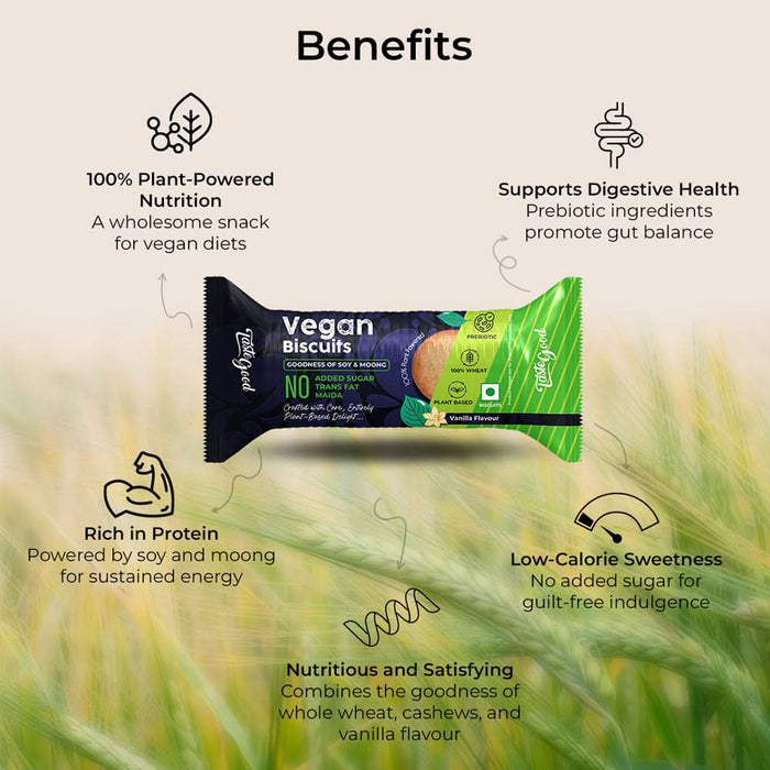 TasteGood Vegan Biscuits | Vanilla Flavour | Plant - Based Moong & Soy Protein | Whole Wheat, No Maida, Zero Trans Fat | 75g (10 Biscuits) - Pack of 10 - Azistastore
