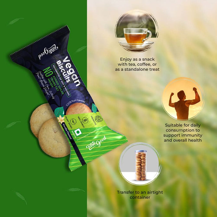 TasteGood Vegan Biscuits | Vanilla Flavour | Plant - Based Moong & Soy Protein | Whole Wheat, No Maida, Zero Trans Fat | 75g (10 Biscuits) - Pack of 10 - Azistastore