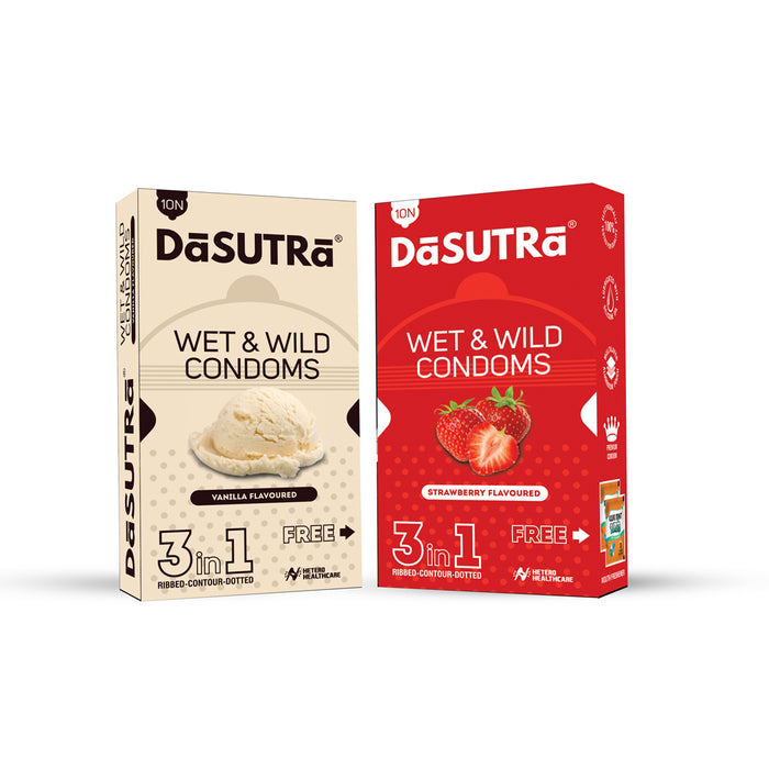 DaSutra Wet & Wild Condoms - 10's Pack Lubricated, Ribbed, and Dotted - 2 Combo