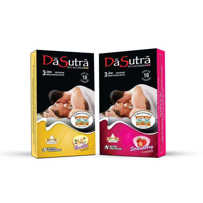 DaSutra Wet & Wild Condoms - 10's Pack Lubricated, Ribbed, and Dotted - 2 Combo