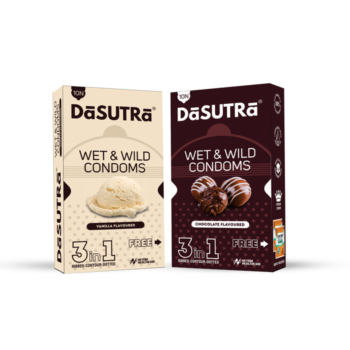 DaSutra Wet & Wild Condoms - 10's Pack Lubricated, Ribbed, and Dotted - 2 Combo