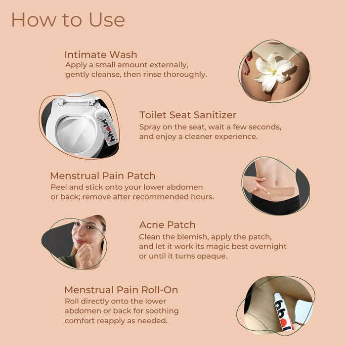 Women Essentials Combo Five Must - Haves: Intimate Wash, Toilet Seat Sanitizer, Menstrual Pain Patch, Acne Patch, and Menstrual Pain Roll - On.  - Azistastore