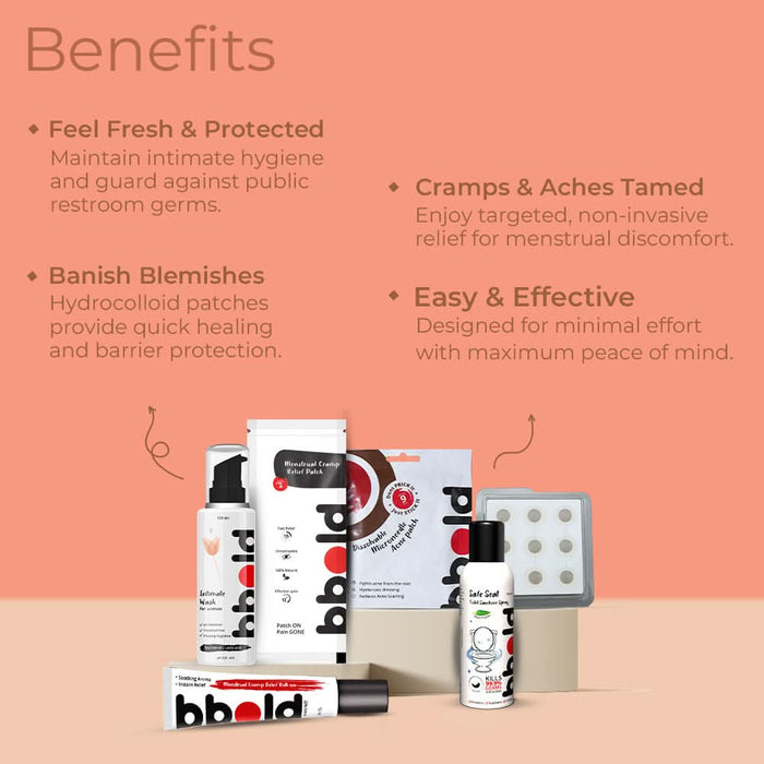 Women Essentials Combo Five Must - Haves: Intimate Wash, Toilet Seat Sanitizer, Menstrual Pain Patch, Acne Patch, and Menstrual Pain Roll - On.  - Azistastore