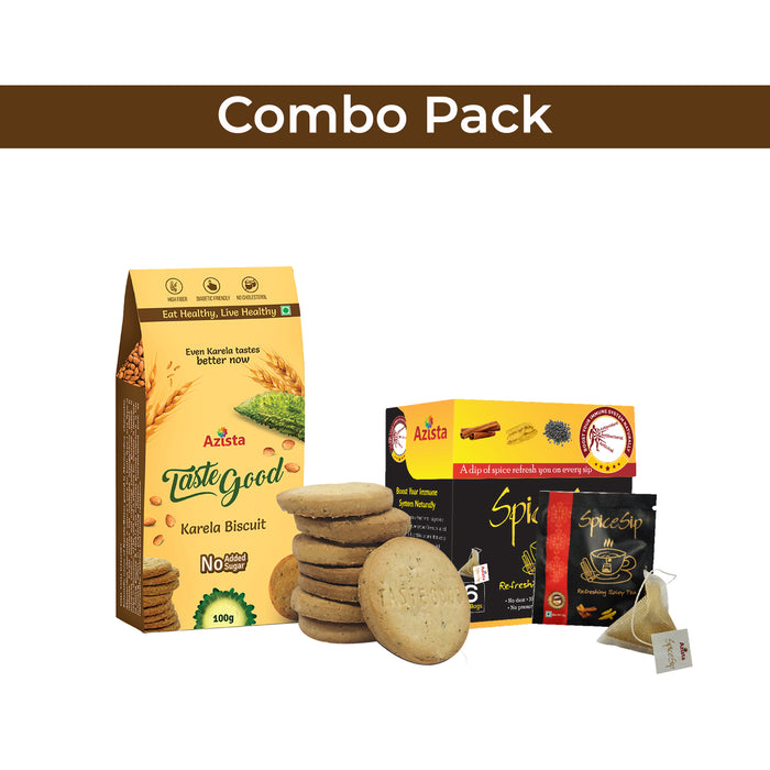 SNACK COMBO - Tastegood Karela Biscuits Pack of 4 and Spicesip Tea Bag Pack of 1