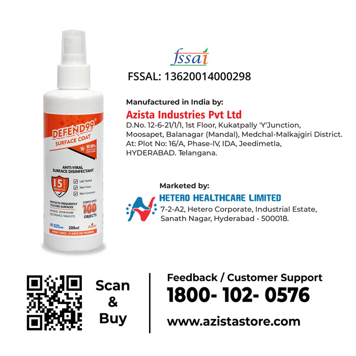 DEFEND99 Surface Coat - 15 Days Surface Antimicrobial Coating Sanitizer Spray Bottle.