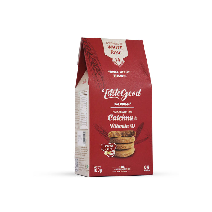 Taste Good Calcium ++ and Vitamin D Biscuits | High-Absorption Calcium & Bone Health Support | Made with White Ragi & Whole Wheat | Kesar Pista Flavored | Zero Cholesterol & Trans Fat | 100g