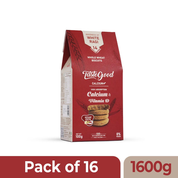 Taste Good Calcium ++ and Vitamin D Biscuits | High-Absorption Calcium & Bone Health Support | Made with White Ragi & Whole Wheat | Kesar Pista Flavored | Zero Cholesterol & Trans Fat | 100g