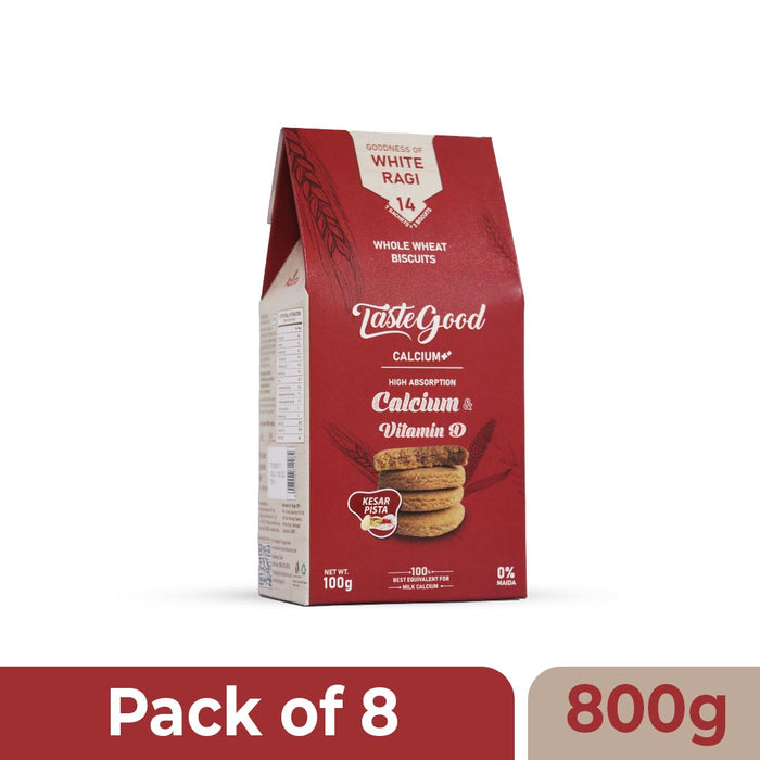 Taste Good Calcium ++ and Vitamin D Biscuits | High-Absorption Calcium & Bone Health Support | Made with White Ragi & Whole Wheat | Kesar Pista Flavored | Zero Cholesterol & Trans Fat | 100g