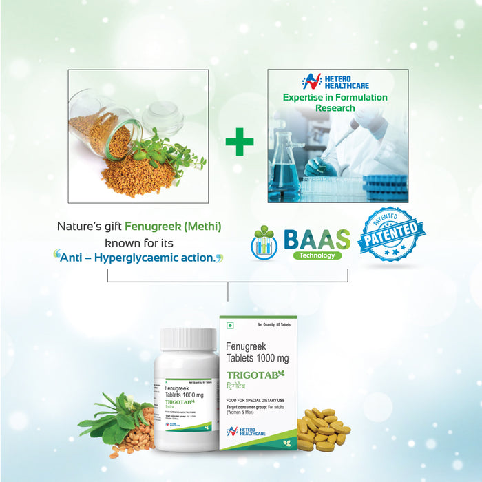 Trigotab Fenugreek Tablets 1000 mg | Clinically Proven for Blood Sugar Support | Patented BAAS Technology | Natural & Safe | Enhances Insulin Secretion | Suitable for All Ages