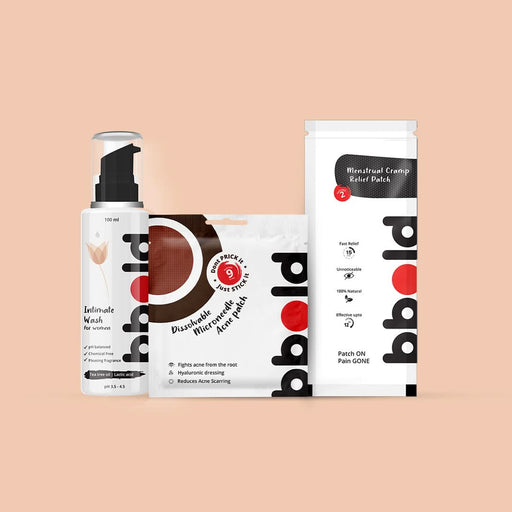 bbold 3 Combo - Cramp Patch Pack of 1 + Intimate Wash Pack of 1 + Acne Patch Pack of 1 - Azistastore
