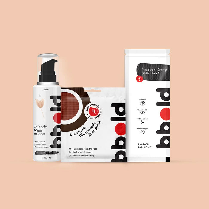 bbold 3 Combo - Cramp Patch Pack of 1 + Intimate Wash Pack of 1 + Acne Patch Pack of 1 - Azistastore