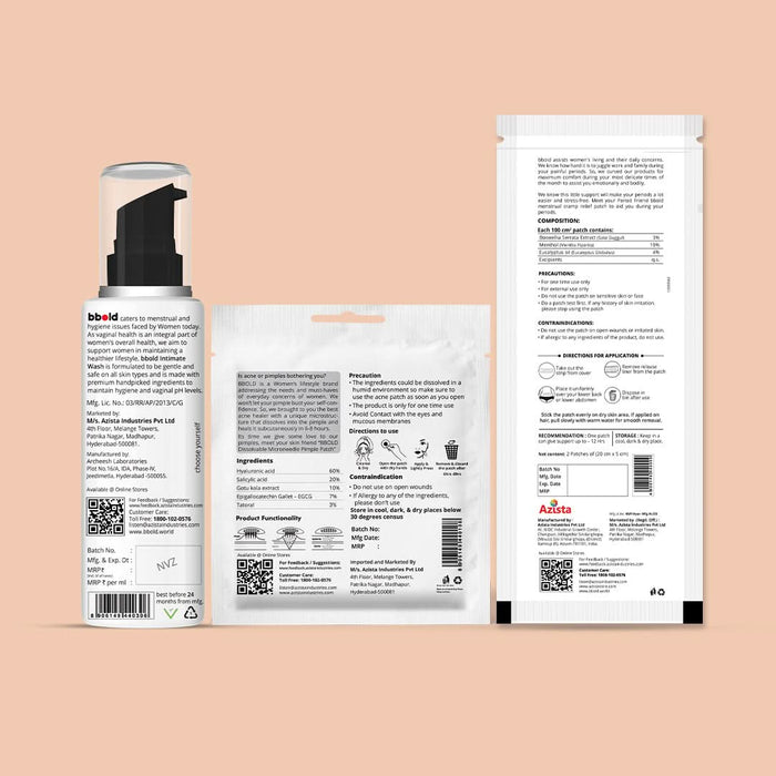 bbold 3 Combo - Cramp Patch Pack of 1 + Intimate Wash Pack of 1 + Acne Patch Pack of 1 - Azistastore