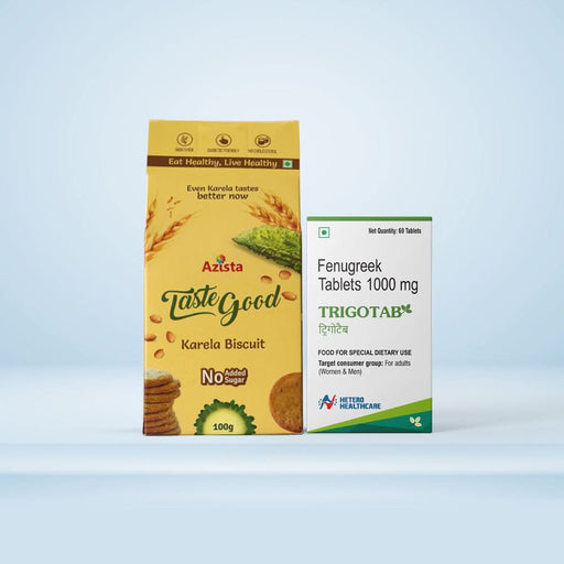 Festive Diabetic Management Combo - Trigotab Pack of 1 & TasteGood Karela Biscuits Pack of 8 - Azistastore
