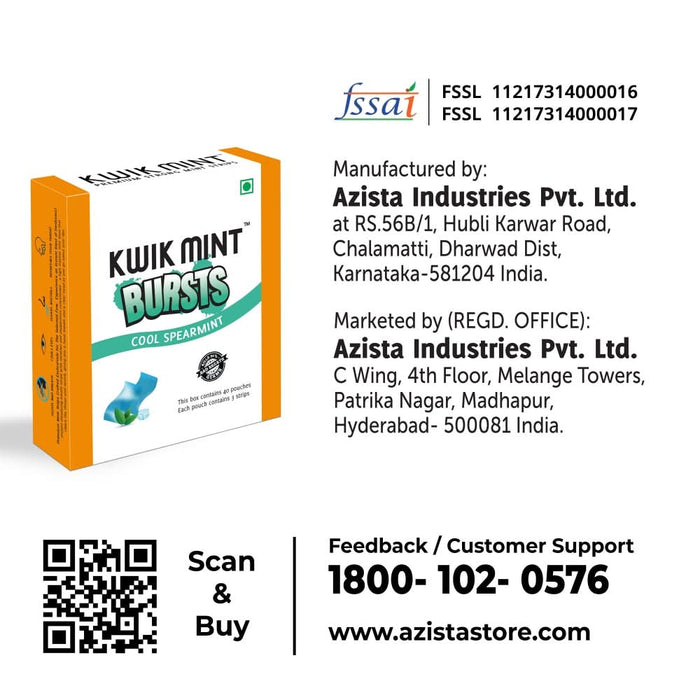 Kwik Mint Bursts Cool Spearmint Mouth Freshener Strips – Sugar Free, Instant Freshness - Azistastore