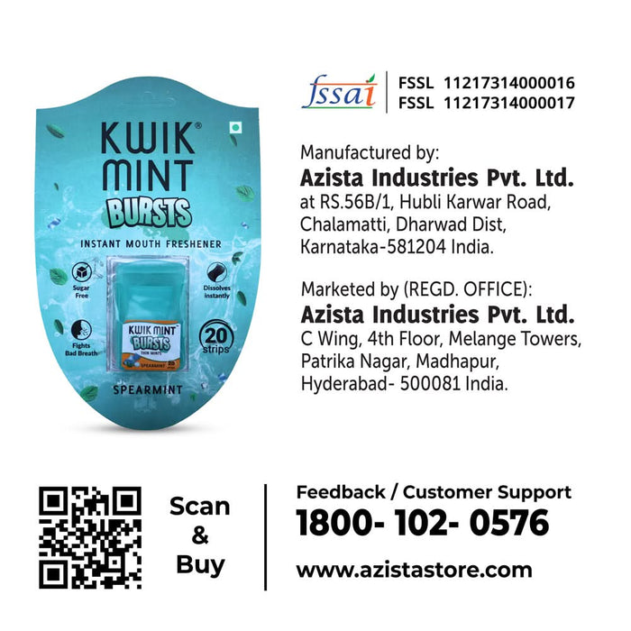 Kwik Mint Bursts Spearmint Mouth Freshener Strips Cassette – Sugar Free, Fast - Dissolving – Pack of 1 (10 Cassettes, 200 Strips) - Azistastore